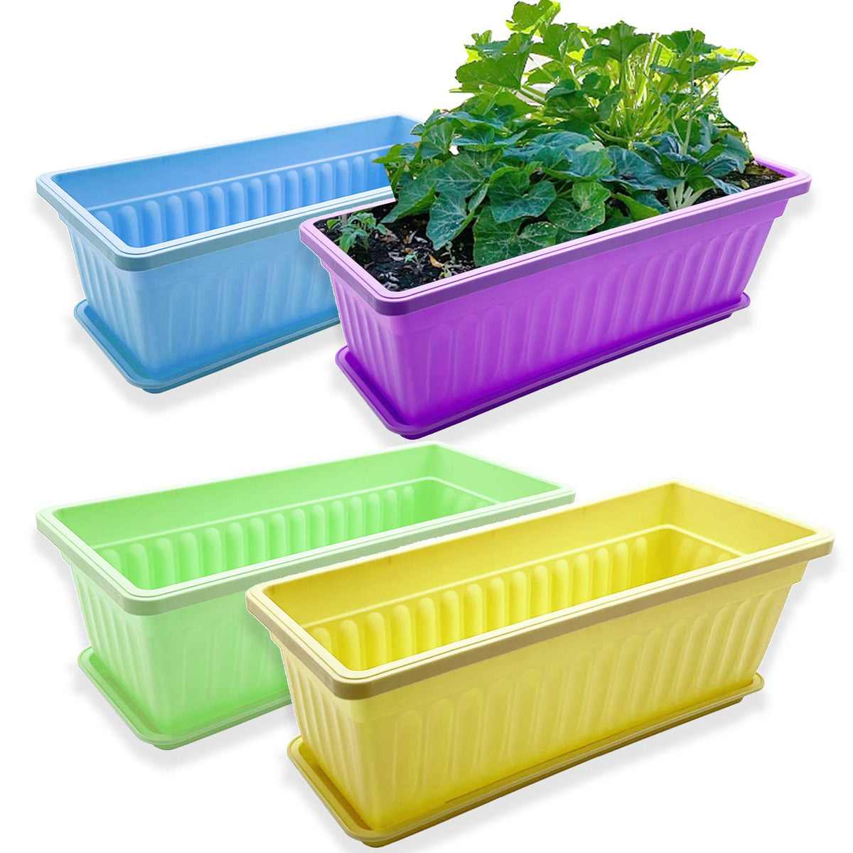 PURPLE STAR 1N 4 Packs 17 Inch Rectangular Window Flower Box Planter with Tray for Balcony, Windowsill, Garden