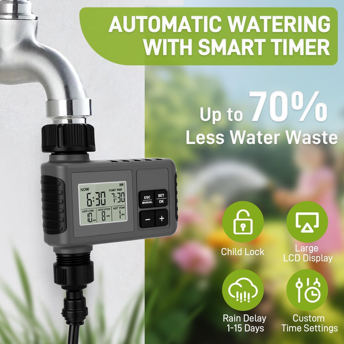 66FT Drip Irrigation Kit with Timer, Automatic Garden Watering System with Flexible 360° Bendable Hose & Adjustable Emitters, Drip Irrigation System for Greenhouse, Yard, Flower Bed, Lawn & Plants