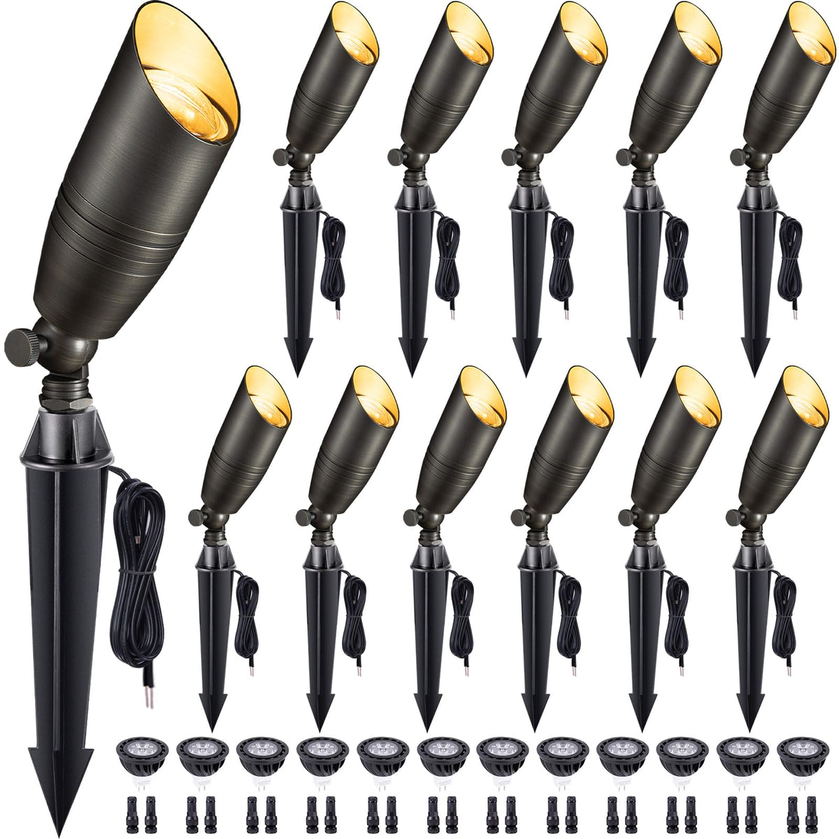 Gardenreet Die-Cast Brass Spot Light Outdoor - 12V LED Uplighting Waterproof, Low Voltage Landscape Lights Direct Wire, Bronze for Fence Fountain with Warm White MR16 Replaceable Bulbs (12 Pack)