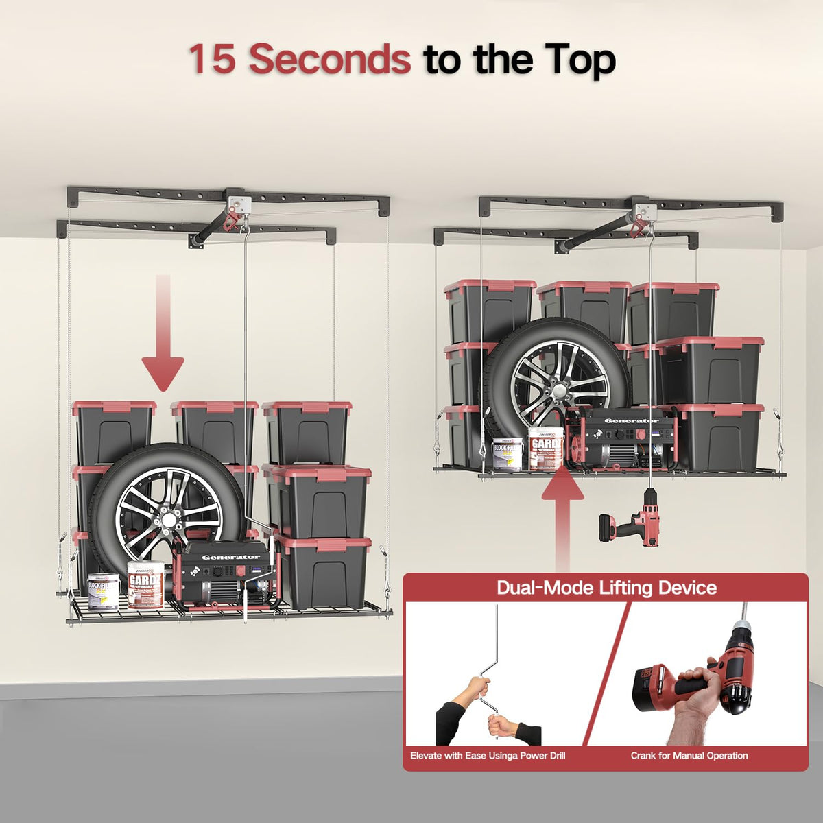 Overhead Garage Storage Rack for 8-10 FT Ceiling, 4x4 FT Ceiling Storage Racks with Safety Lock, Ideal for Garage Storage Mounted Lift System and Storage Organizer, 250lbs Capacity