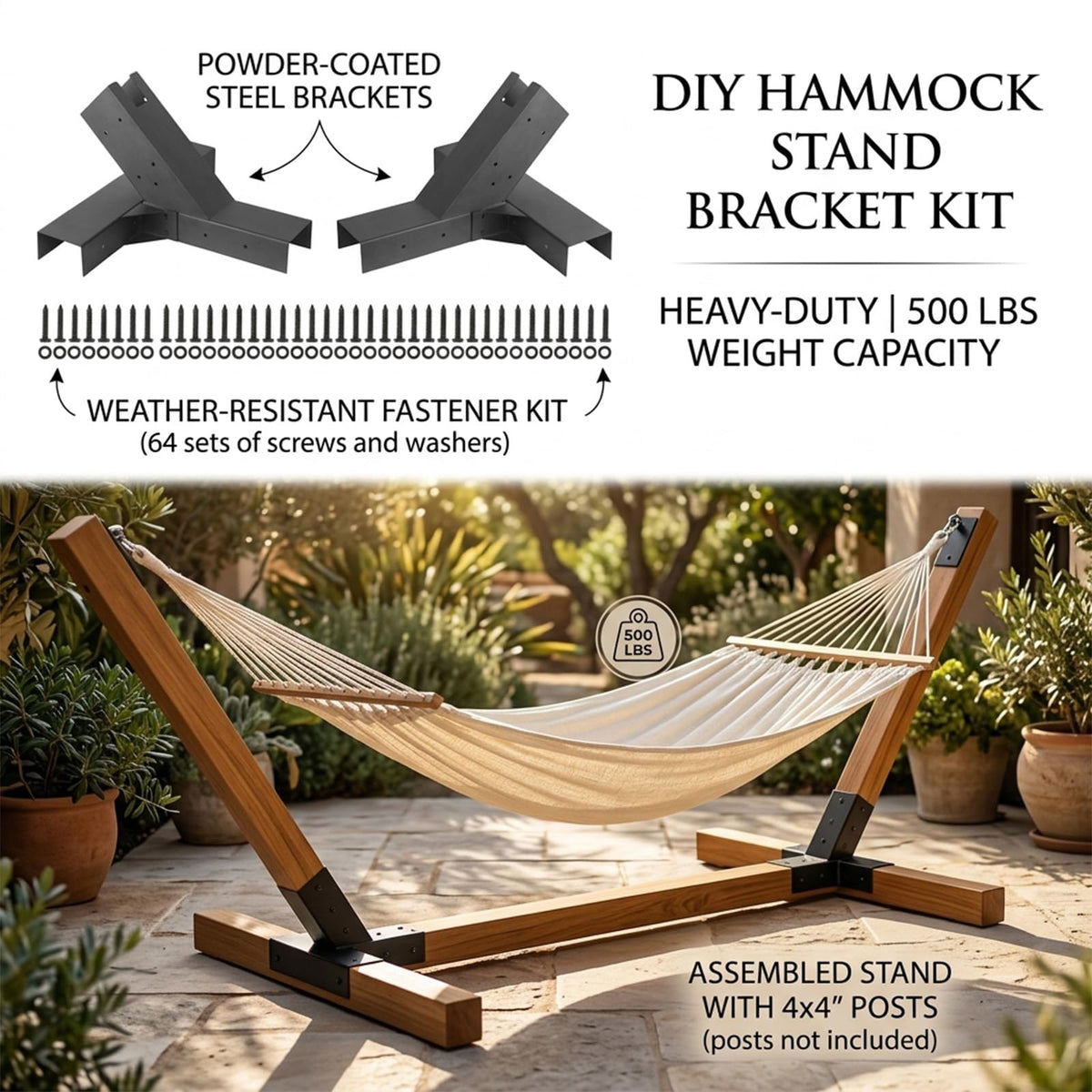 Heavy Duty Hammock Stand Bracket Kit - 500 lbs Capacity, Powder Coated Steel, Fits 4"x4" Posts, Easy DIY Installation