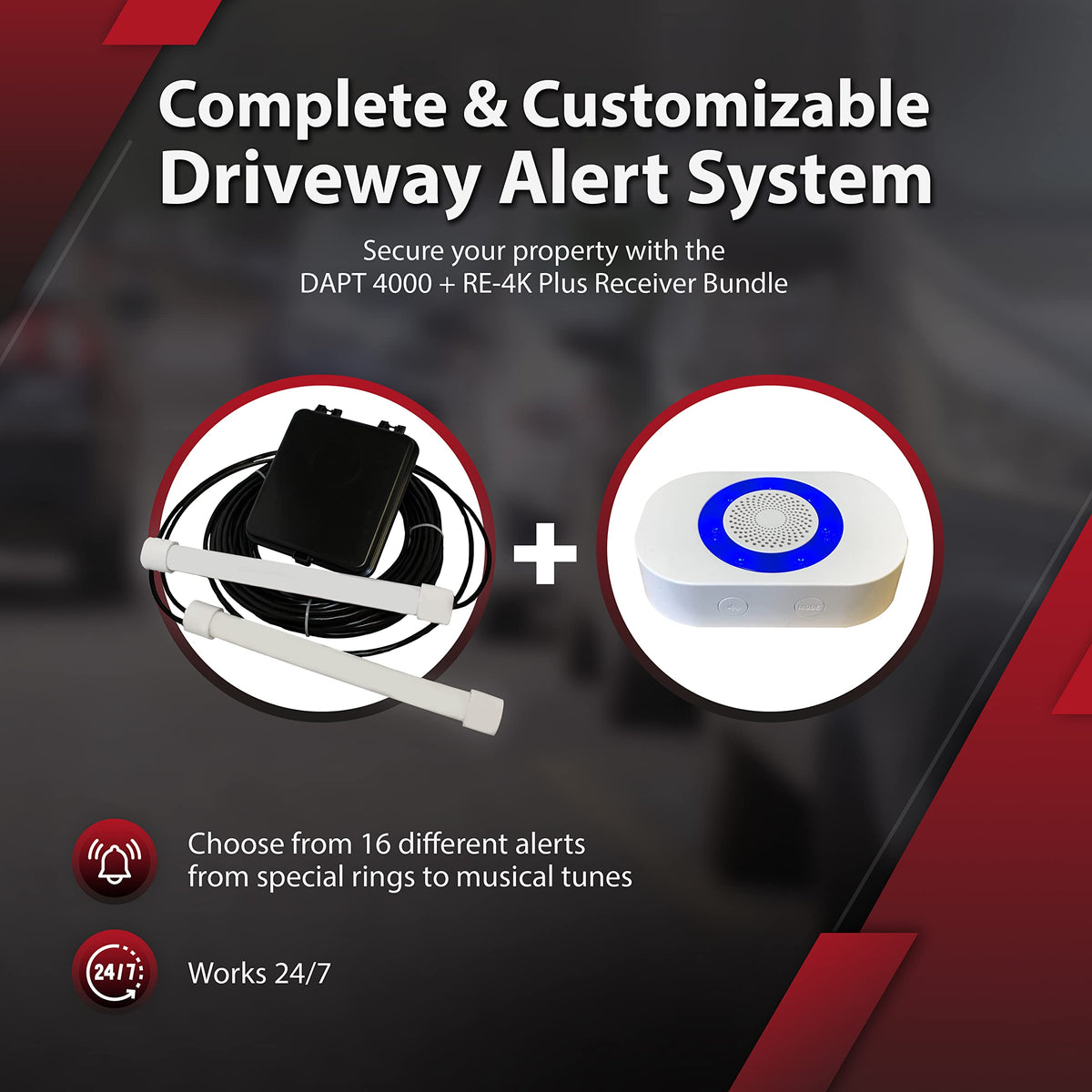 Dakota Alert Driveway Alarm System -DUAL-4k Plus Bundle - DAPT-4000 Driveway Alarm & RE-4K Plus Receiver, Directional Vehicle Sensor, Driveway Alarms Wireless Outdoor Weatherproof, 1-Mile-Long Range