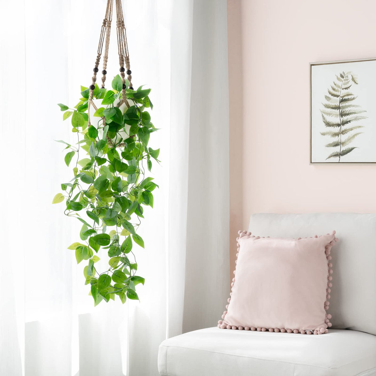 Mkono Fake Hanging Plant with Pot, Artificial Plants for Home Spring Decor Indoor Macrame Plant Hanger with Faux Vine Hanging Planter Greenery for Bedroom Bathroom Kitchen Office, Brown (Pothos)