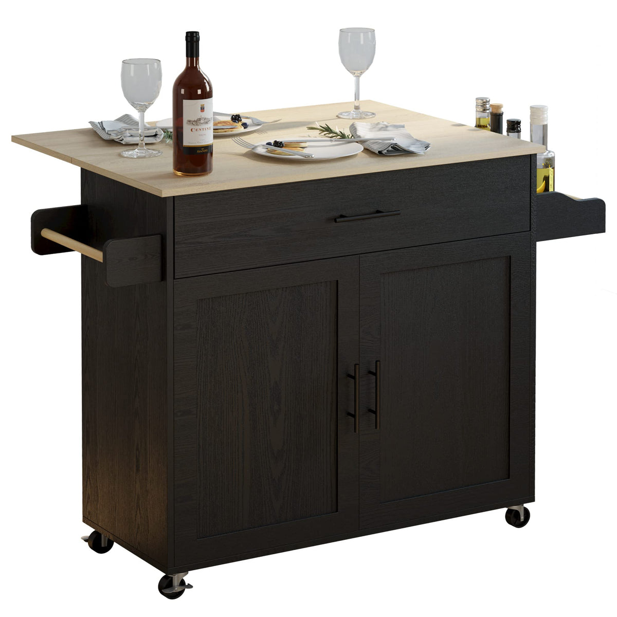 IRONCK Rolling Kitchen Island Table on Wheels with Drop Leaf, Storage Cabinet, Drawer, Spice/Towel Rack, Kitchen Cart, 47.25" Wide Black