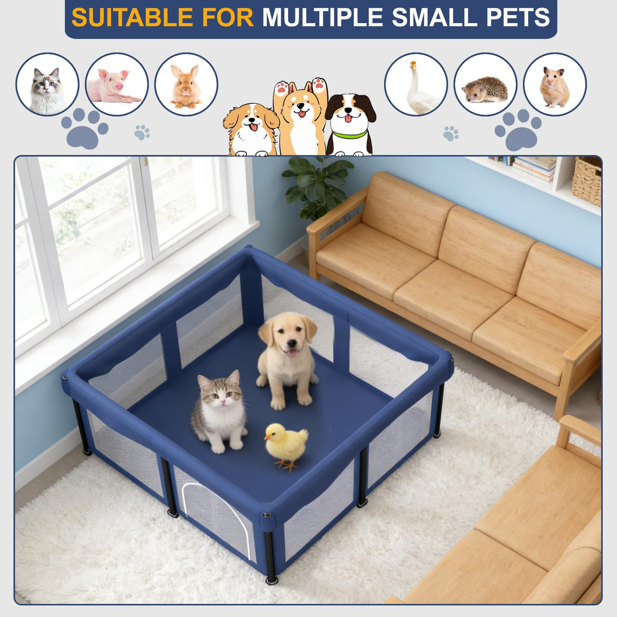 50x50x25.6 Inches Puppy Playpen with Gate, Foldable Dog Playpen for Puppies or Small Dogs, Pet Fence with Thickened Fabric, for Indoor Outdoor (Blue)