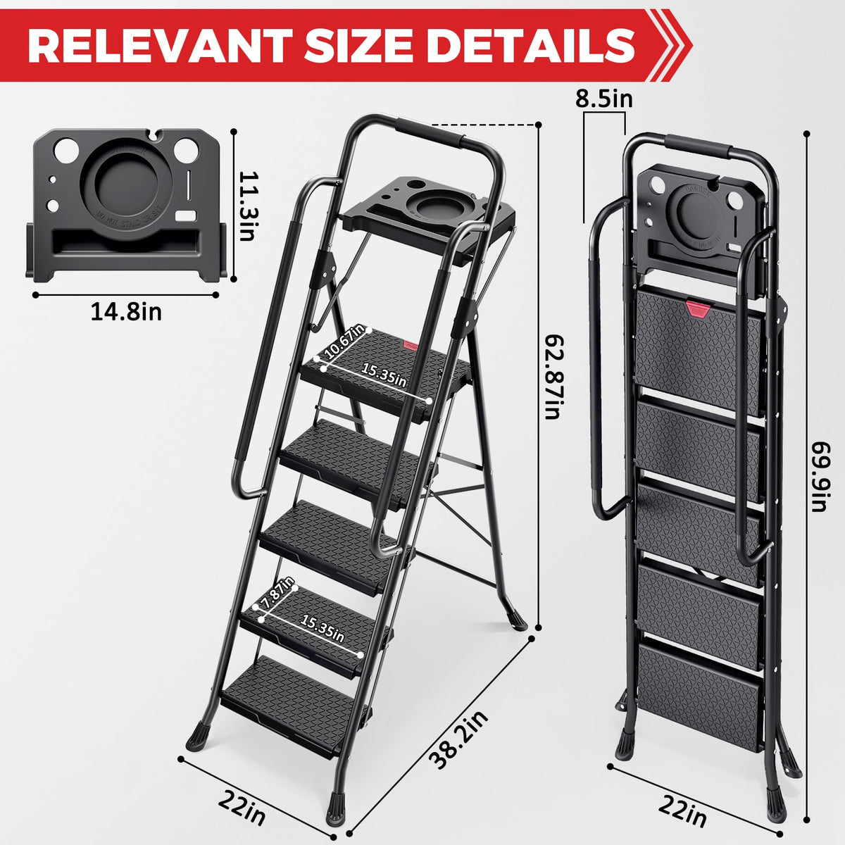 KINGRACK 5 Step Ladder, Folding Step Stool for Adult with Tool Platform, Handrails, Wide Anti-Slip Pedals, Pass 800lbs Load Testing， Portable Safety Step Stool for Home, Kitchen, Black