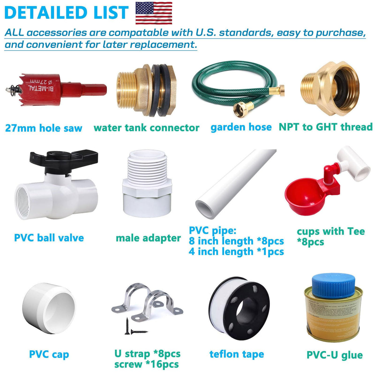 Automatic Chicken Watering System with 1/2" PVC Pipe & Hose Connector Kit, Leak-Proof and Easy-Assembly Chicken Drinker for Coops, Compatible with Water Tanks