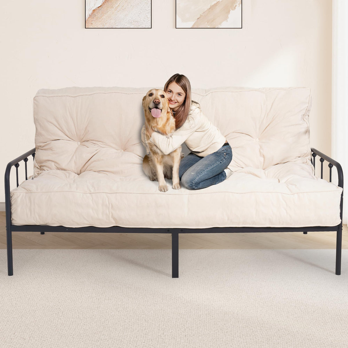 8" Futon Mattress Full Size, Floor Mattress for Adults, Foldable Sofa Couch Bed with Shredded Foam Filling, Comfy Sleeping Mat for Guest, Camping, Dorm, White(Frame Not Included), 54" x 80"