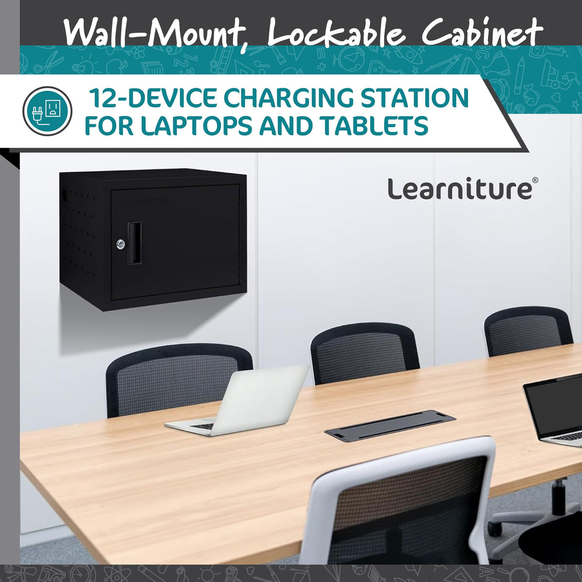 Learniture Structure Series 12-Device Charging Station for Laptops and Tablets, Wall-Mount Lockable Charging Cabinet for 12 Tablets/Chromebooks, Black