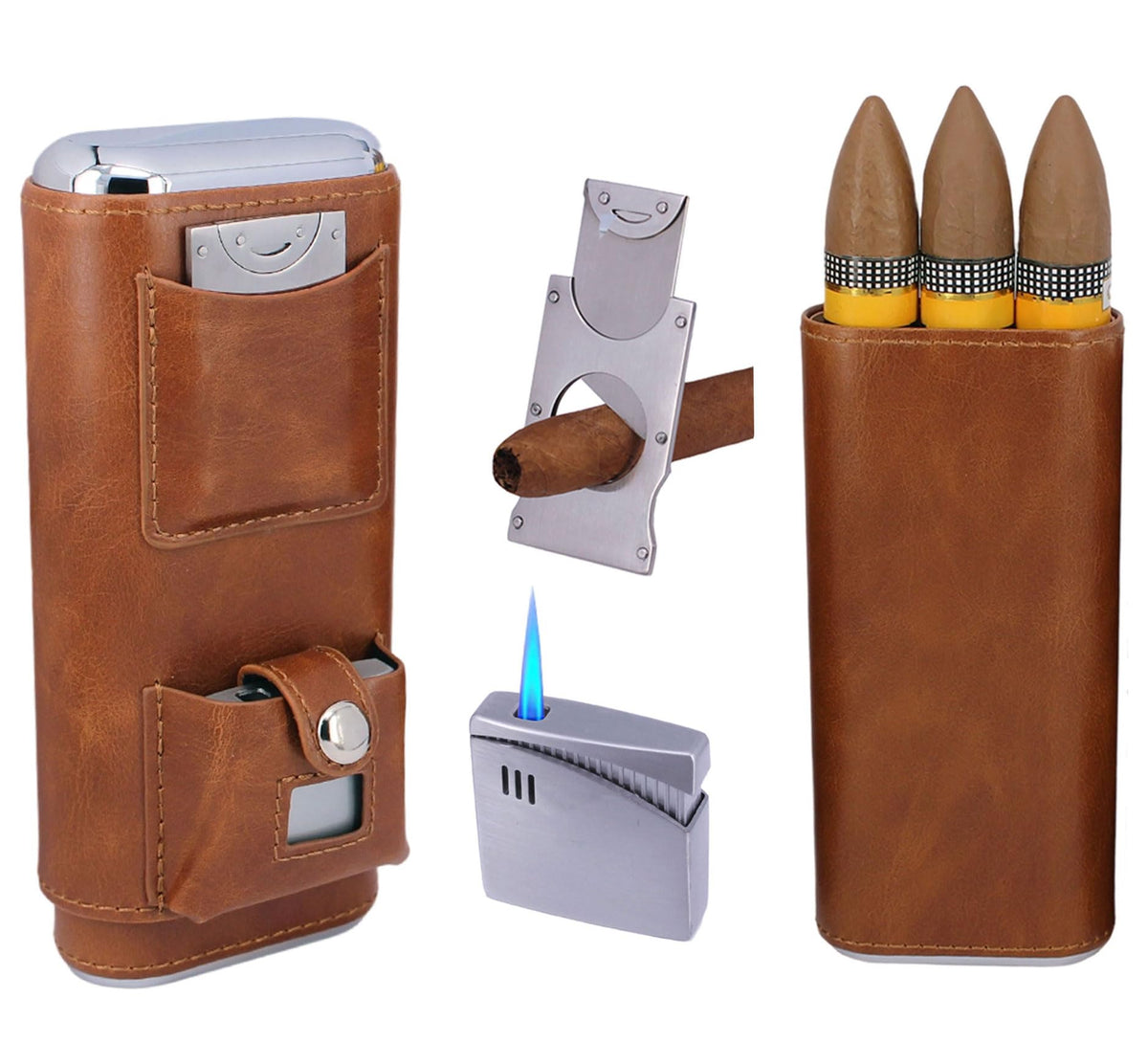 AMANCY Deluxe Portable 3 Holder Cigar Case Set With Lighter and Cutter Great Gift Kit