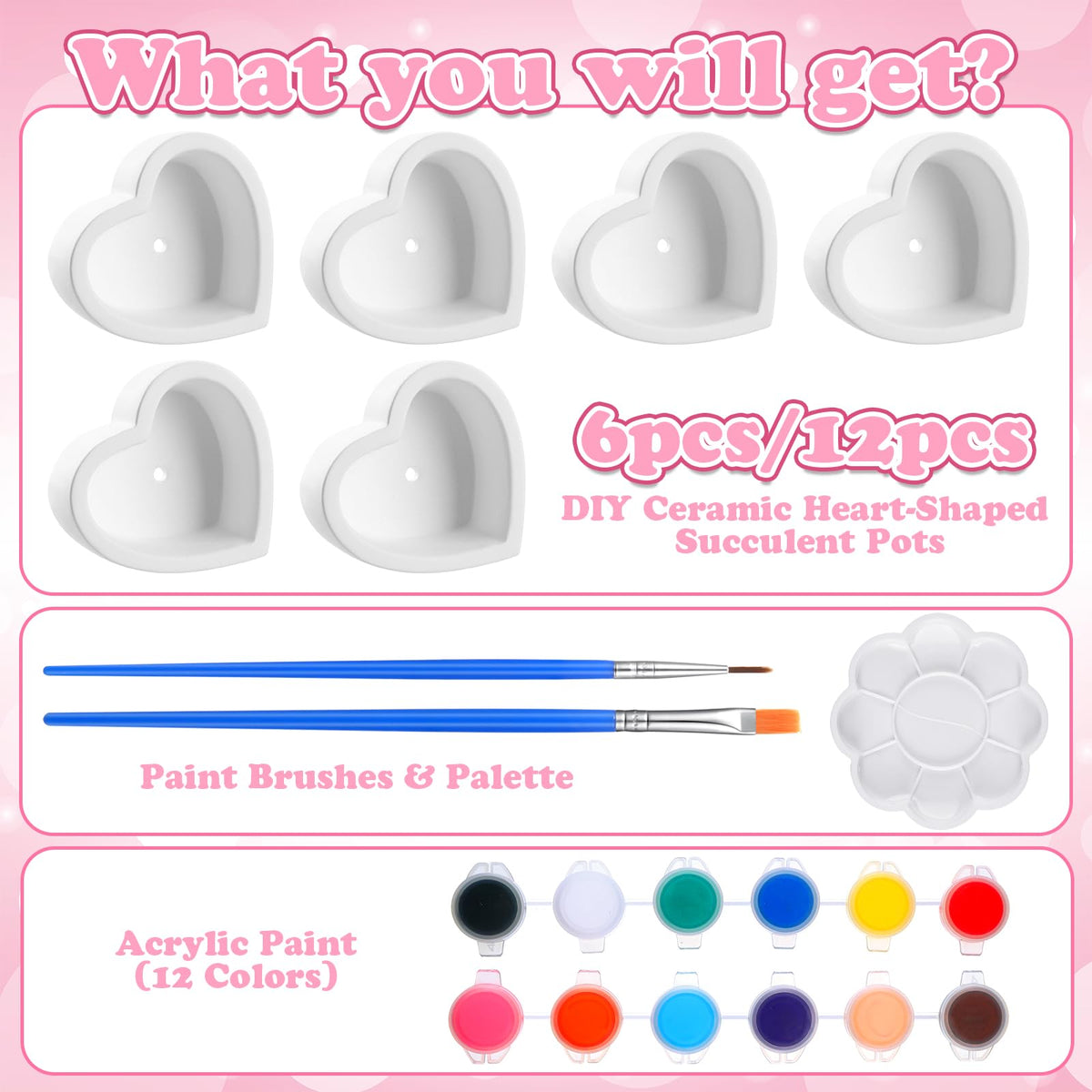 Beeveer 6 Pcs DIY Craft Kits Make Your Own Ceramic Succulent Planters Paintable Heart Shaped Decoration, and Ceramic Succulent Planters Kit for Mother's Day from Daughter Son