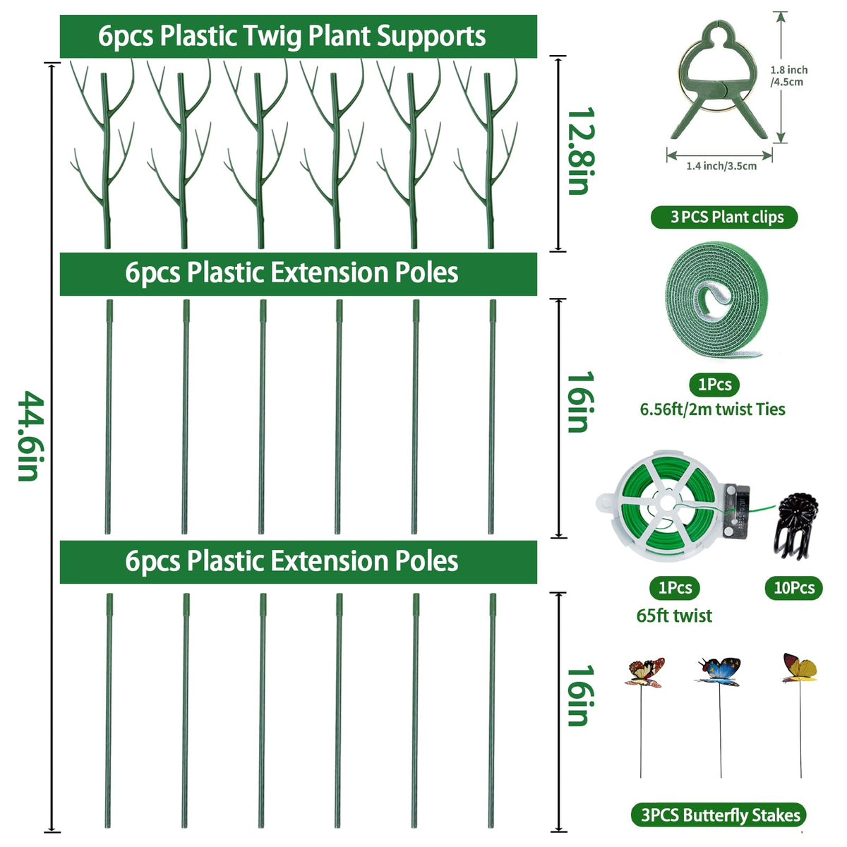 6 Pack Plant Support Plant Stakes for Indoor and Outdoor Plants, 44.8” Plant Sticks with Plant Clips Twist Tiers and Plant Tiers for House Potted Plants, Monstera Plant Support for Climbing Plants