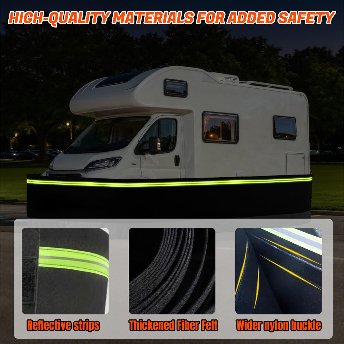 JeCgRrY RV Skirt for Travel Trailer, Panels Wind and Snow Proof, Camper skirting, All-Weather Protection Barrier with Easy Installation Kit Night Reflective Strip(2.6ft High,20m/65ft)