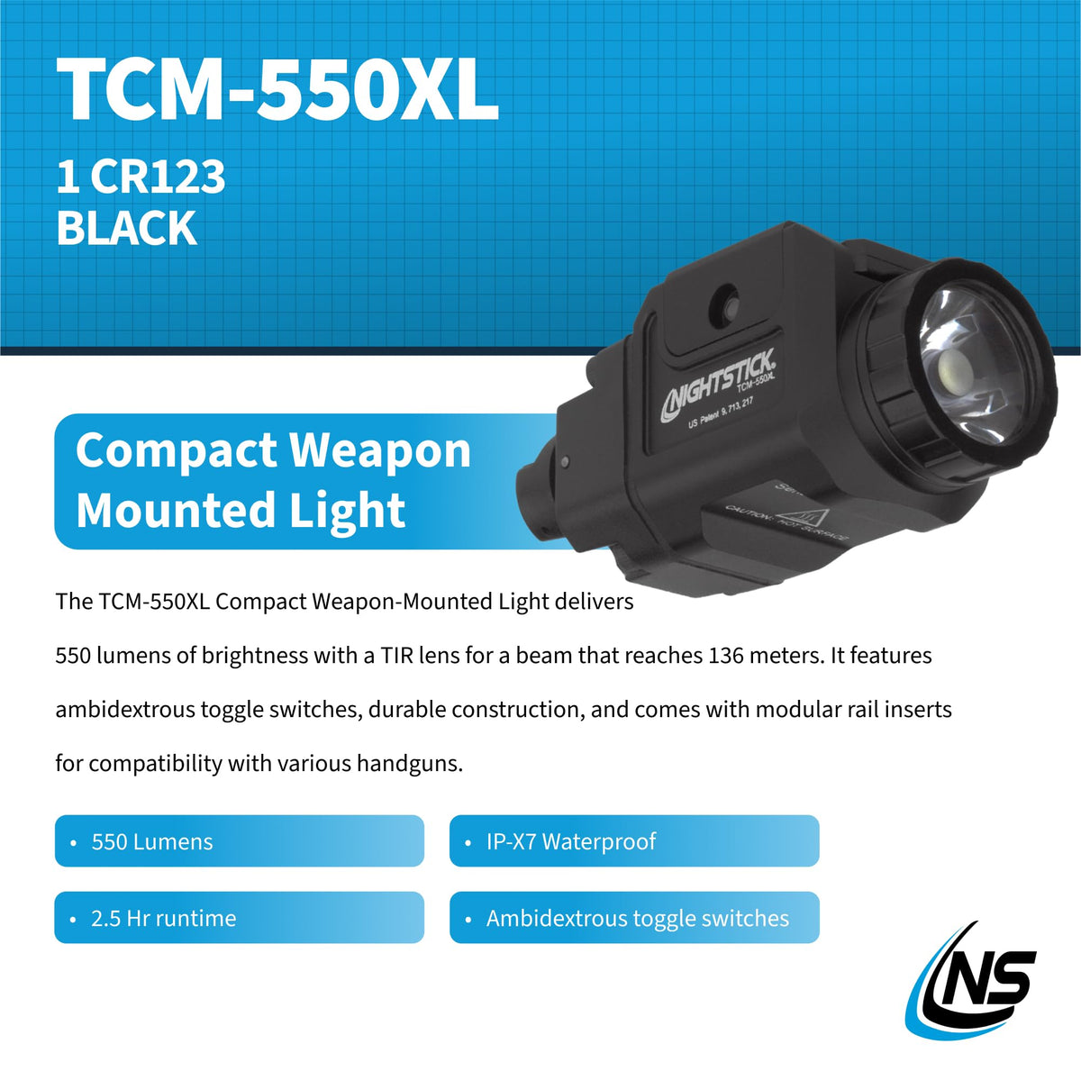 Nightstick TCM-550XL Compact Rail-Mounted Tactical Light - Waterproof Impact-Resistant Tactical Flashlight with Easy Momentary and Constant-On Switches