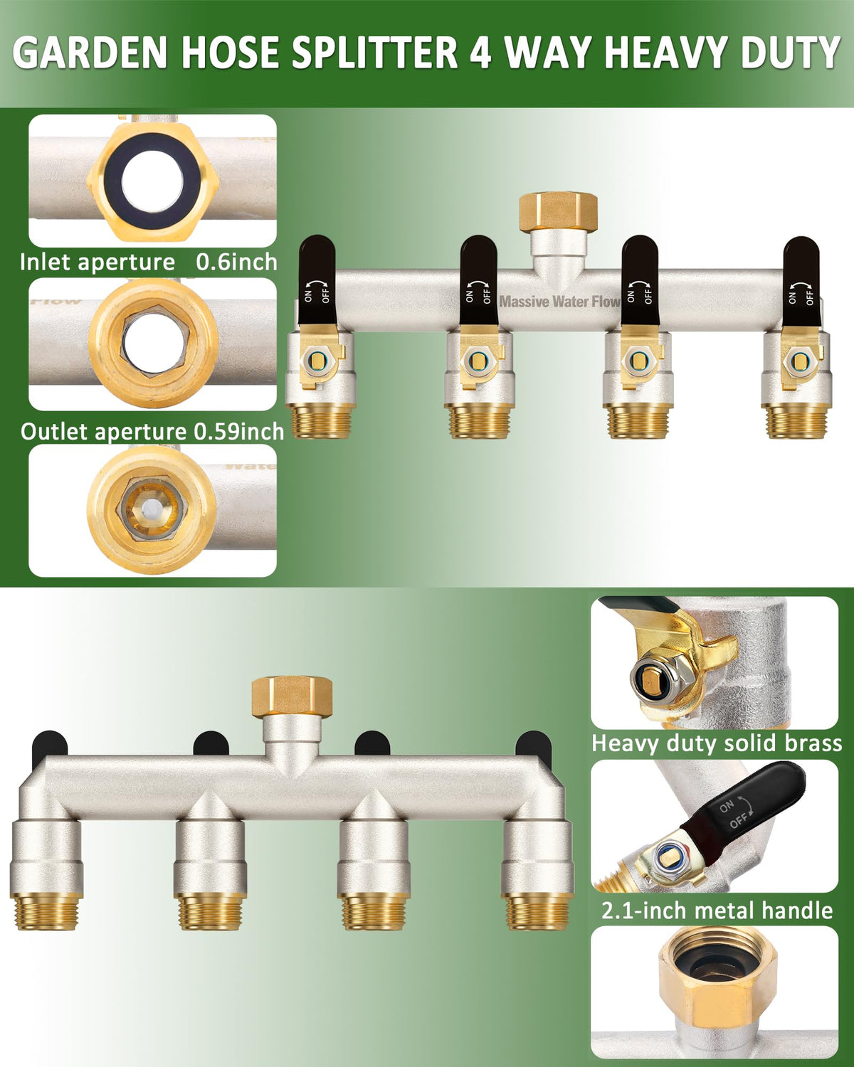 4 Way Hose Splitter Heavy Duty, Garden Hose Splitter with 4 Long Handle, Full Flow Brass Nickel Plated Water Hose T Spigot Splitter Adapter Connector, 3/4 - Inch GHT Thread (Black)