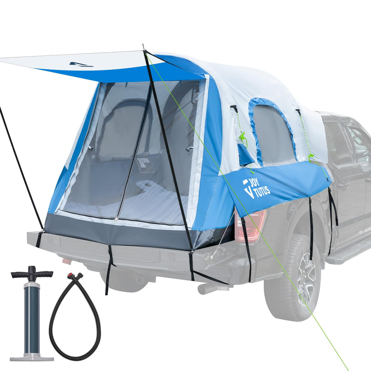 JOYTUTUS Inflatable Truck Bed Tent 5.5FT with Awning, Includes Air Pump for Quick 30 S Setup, Dual-use Pickup or Camping Tent for 2 Person, Waterproof Roof Shade and 3 Windows, Gray Blue