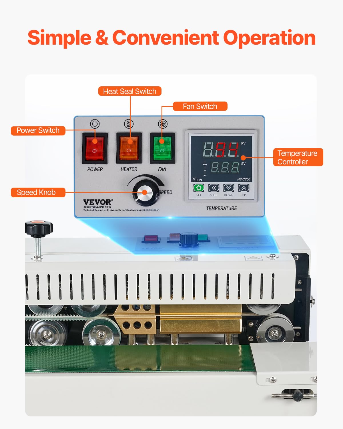 VEVOR Continuous Bag Band Sealing Machine, 0.24-0.47 in/6-12 mm Seal Width, Horizontal Band Sealer Machine with Digital Temperature Control Stainless Steel Bag Sealer for 0.02-0.8 mm Plastic Bag Film