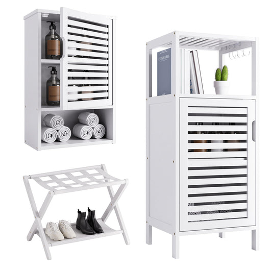HITNET Bathroom Wall Cabinet Foldable Luggage Rack and Bamboo Storage Cabinet Freestanding, Over Toilet Hanging Cabinet with Adjustable Shelf, Sofa Side Table Storage Organizer with 4 Hooks, White