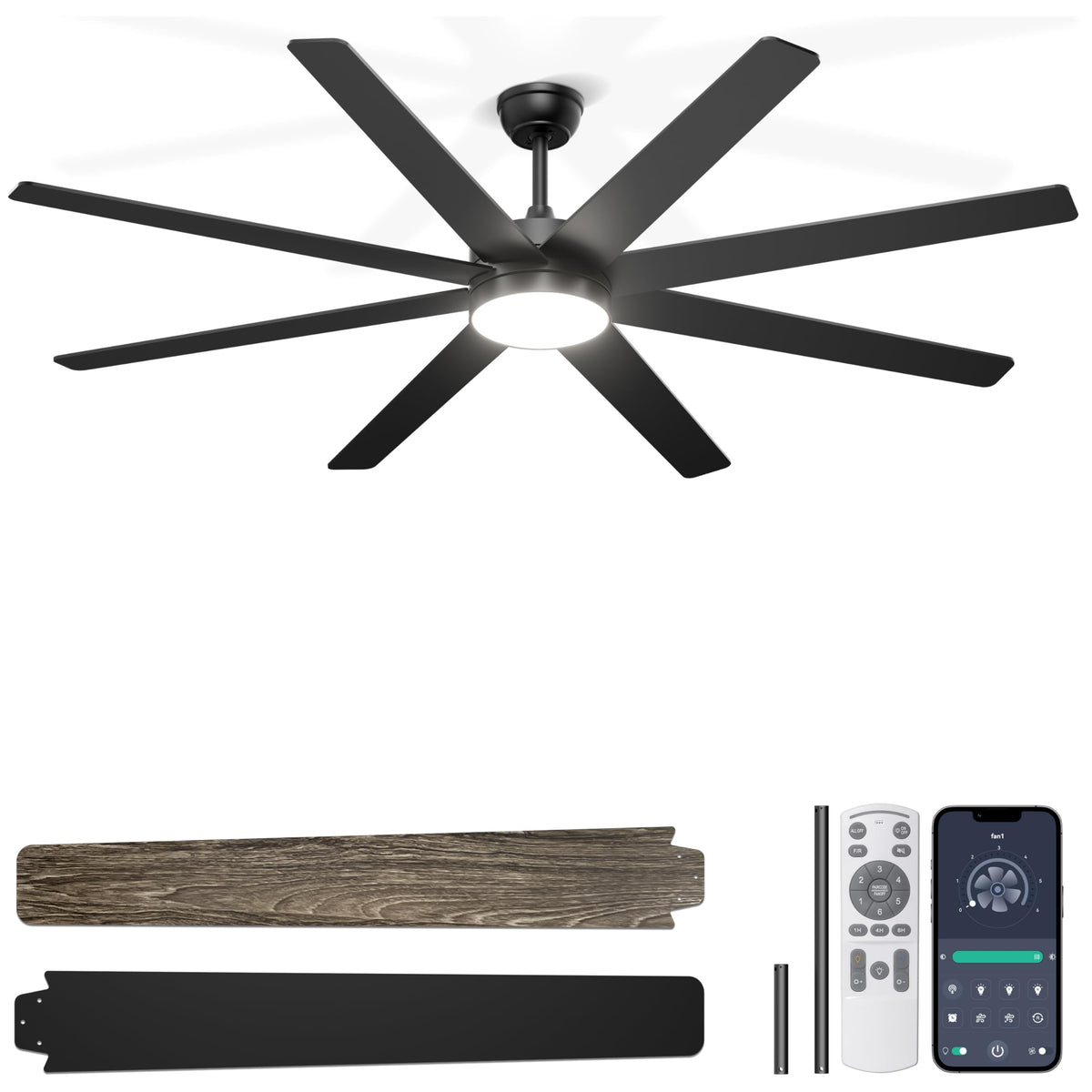 Phylluz 72'' Large Ceiling Fans with Lights, Modern Black Ceiling Fan Remote/APP Control, Dimmable, Quiet DC Motor Big Ceiling Fan for Indoor/Covered Outdoor