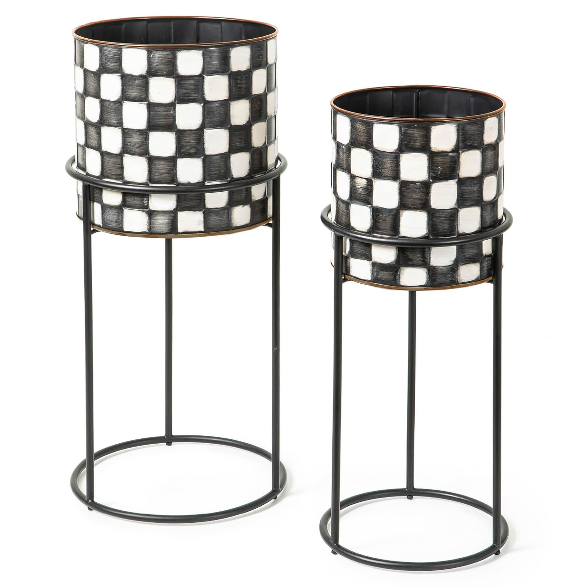 MACKENZIE-CHILDS Set of 2 Check It Out Metal Planters, Black-and-White Garden Planter