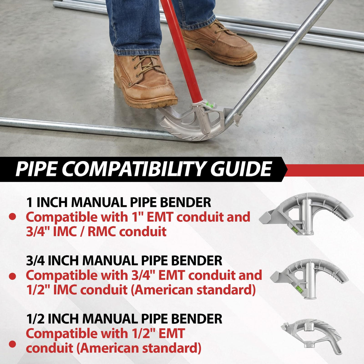 Otoolling 3 Set Aluminum Conduit Pipe Bender for 1/2" & 3/4" & 1" Emt Pipe, Imc Tube, Rmc Tube & Rigid Bending Tool with Foot Pedal & Degree Marks, Manual Hand Metal Bender