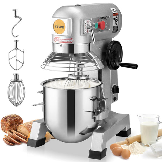 VEVOR Commercial Mixer, Commercial Food Mixer 10Qt Stainless Steel Bowl, 450W Commercial Stand Mixer with 3 Speeds Adjustable, Dough Hook Whisk Beater Included, Perfect for Bakery Pizzeria, Silver