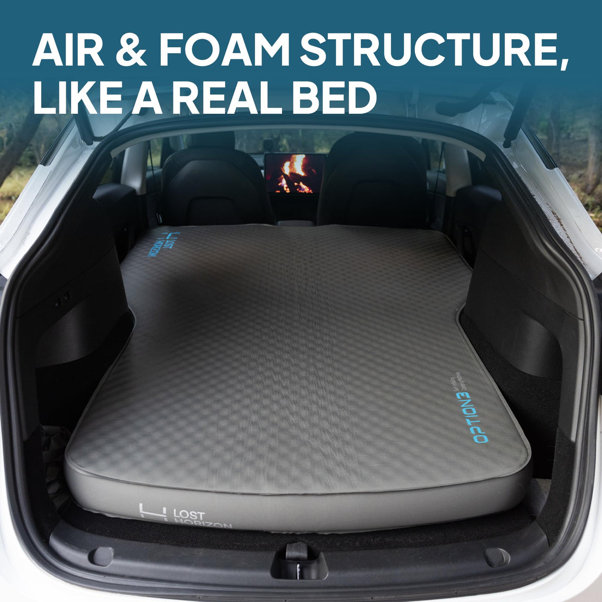 Lost Horizon Air & Foam Camping Mattress for Tesla, Self Inflating Sleeping Pad with Pump Sack, 4.5" Thick, R-Value 13, Model Y