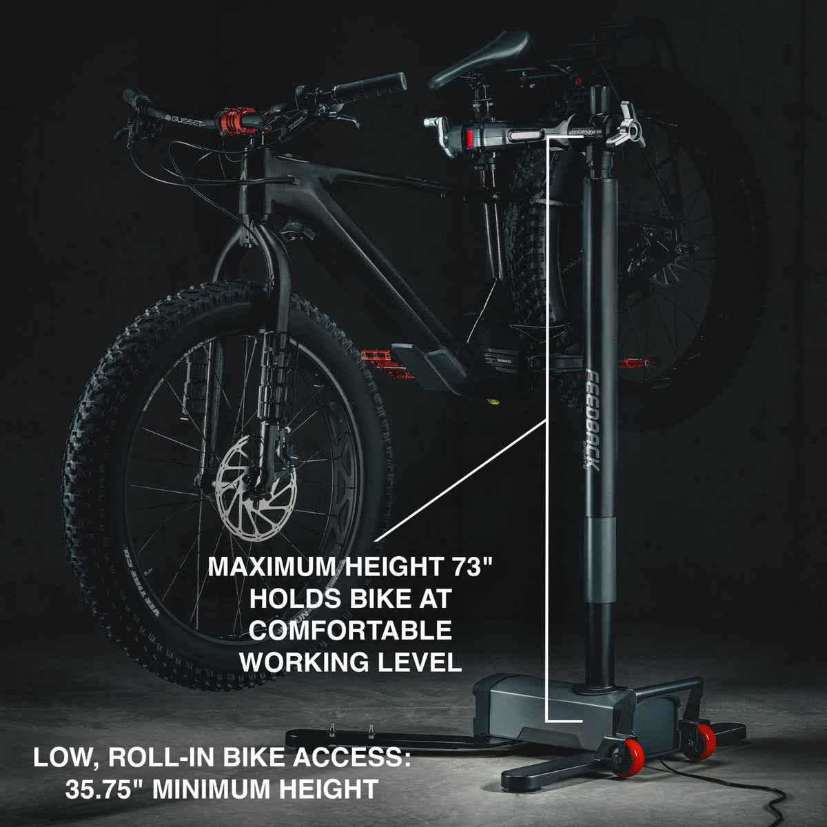 Feedback Sports | Pro E Lift Bike Repair Stand | Electric Height Adjustment, 100 lb Capacity, Speed Ratchet Clamp, Ideal for E-Bikes and Home Workshops