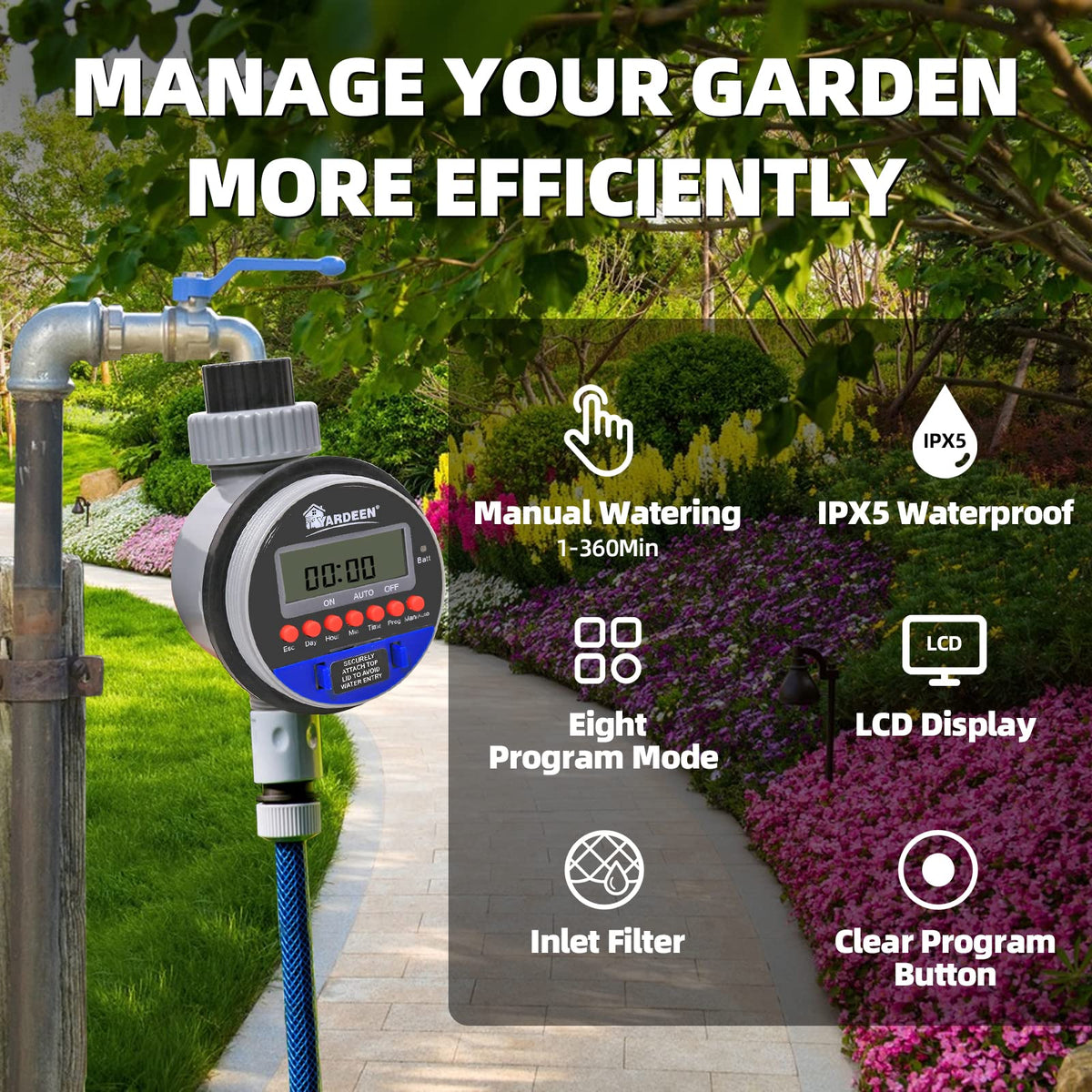 Yardeen Electronic Water Timer Garden Irrigation Controller Digital Intelligence Watering System LCD Waterproof, No Water Pressure Required