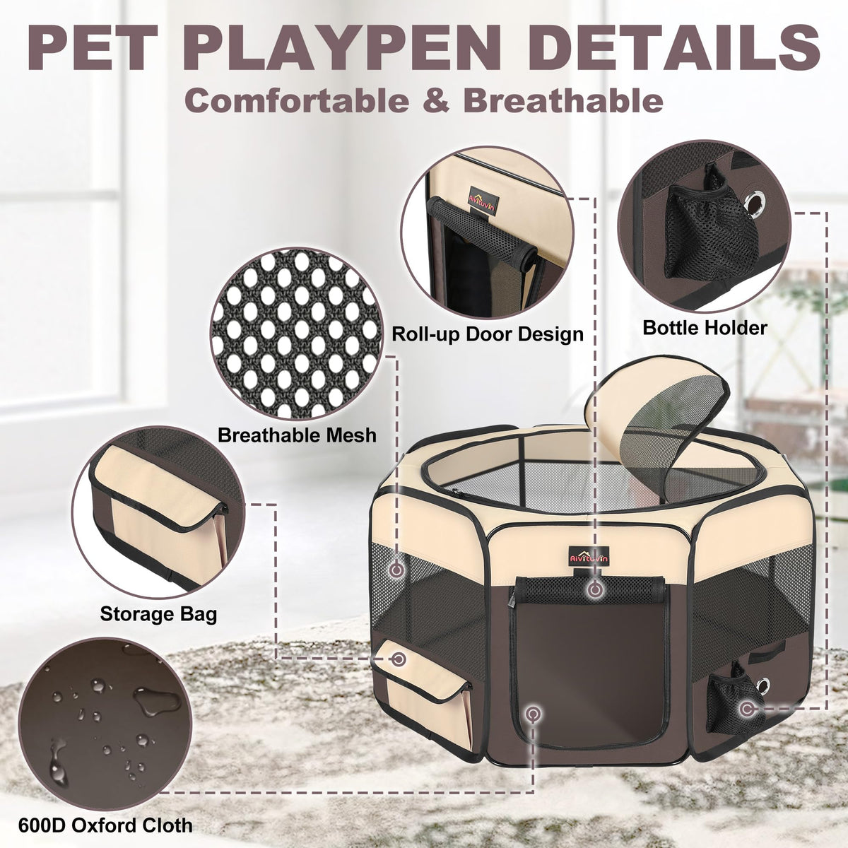 Aivituvin Dog Playpen Foldable Waterproof Pet Play Pens for Cat, Puppies, Rabbits, Chickens, Durable Portable Pet Tent for Travel Camping Indoor/Outdoor Brown XL