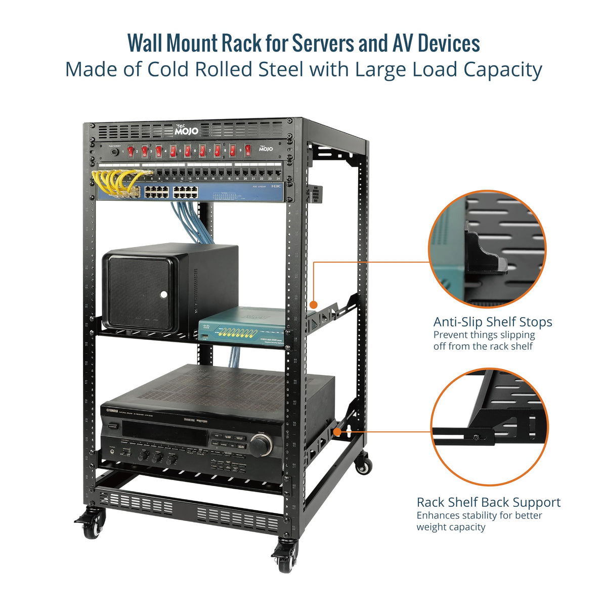 TECMOJO 20U Open Frame Network Rack for IT & AV Gear, 4-Post With Casters, Mobile With 2 PCS 1U Server Shelf & Mounting Hardware, for 19" Network, Audio and Video Device