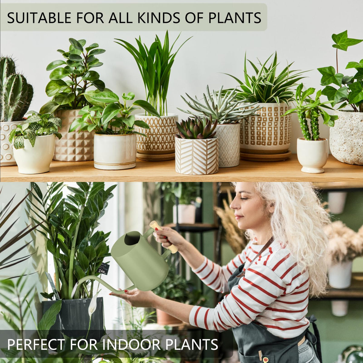 Watering Can Indoor Plants, 35oz Small Indoor Stainless Steel Metal Watering Can Modern Decorative Watering Pot with Long Spout for Indoor House Plant Bonsai Garden Flowers (Sage Green)