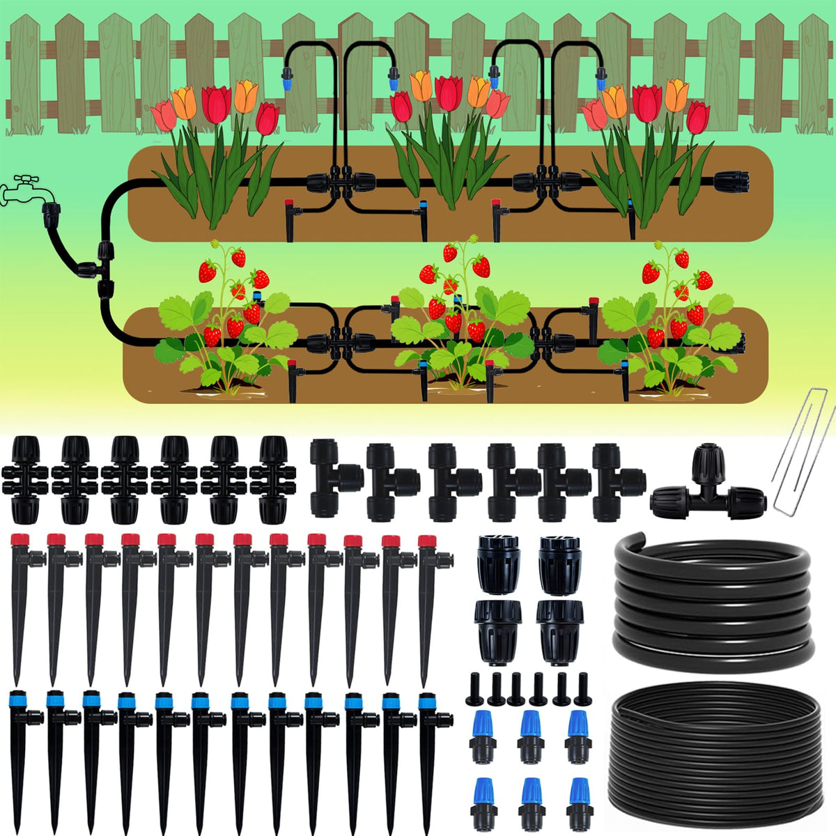 250ft Drip Irrigation Kit, Quick-Connect Plant Watering System for Greenhouse, Automatic Sprinkler System for Yard,Garden Watering Misting with Irrigation Tubing Adjustable Emitter Ground Stake