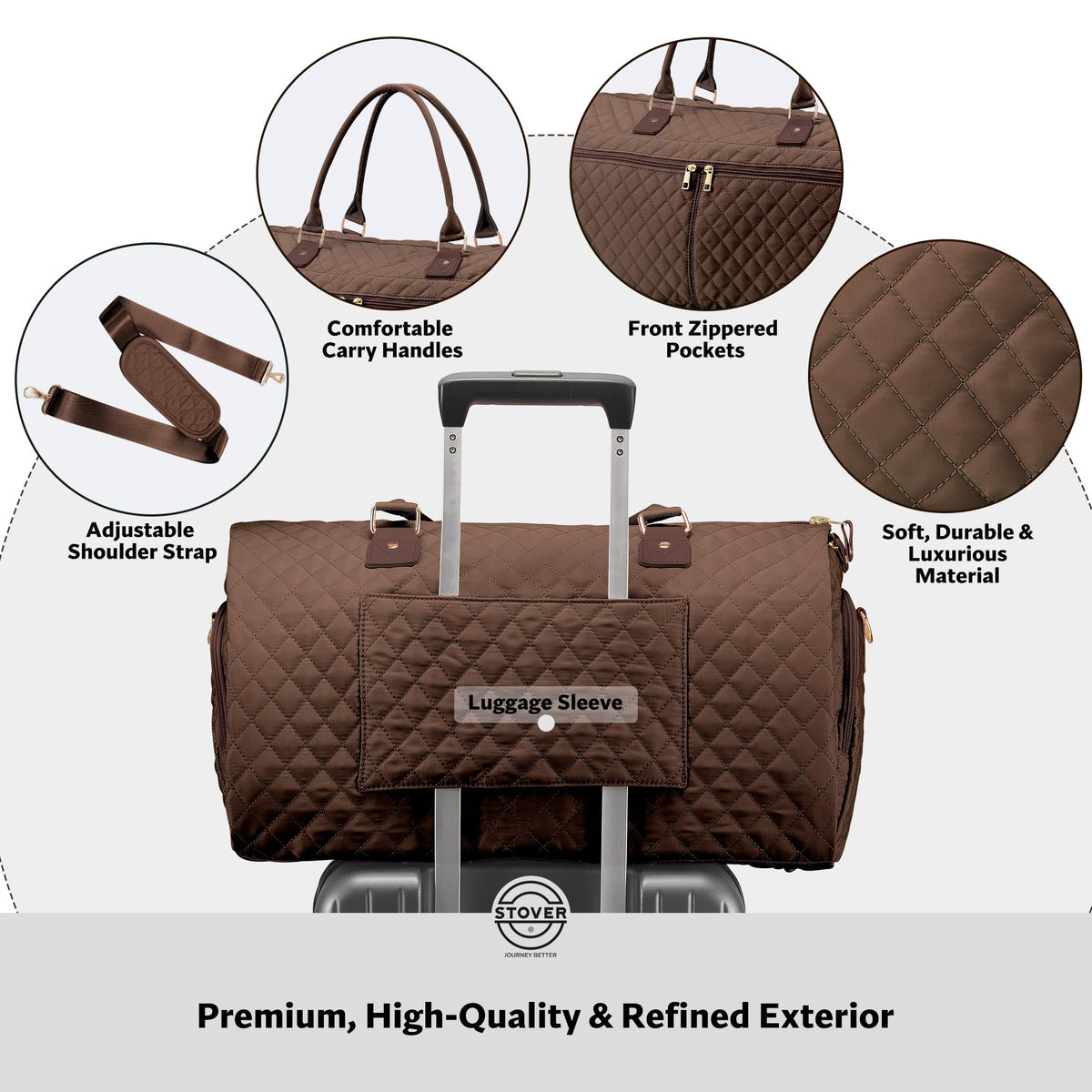 STOVER Women’s Convertible Garment Duffel Bag for Travel – 2-in-1 Carry-On Weekender/Overnight Tote - Wrinkle-Free Dresses, Suits & Clothes + Shoe Compartment & Bonus Toiletry Bag (Mocha Brown)
