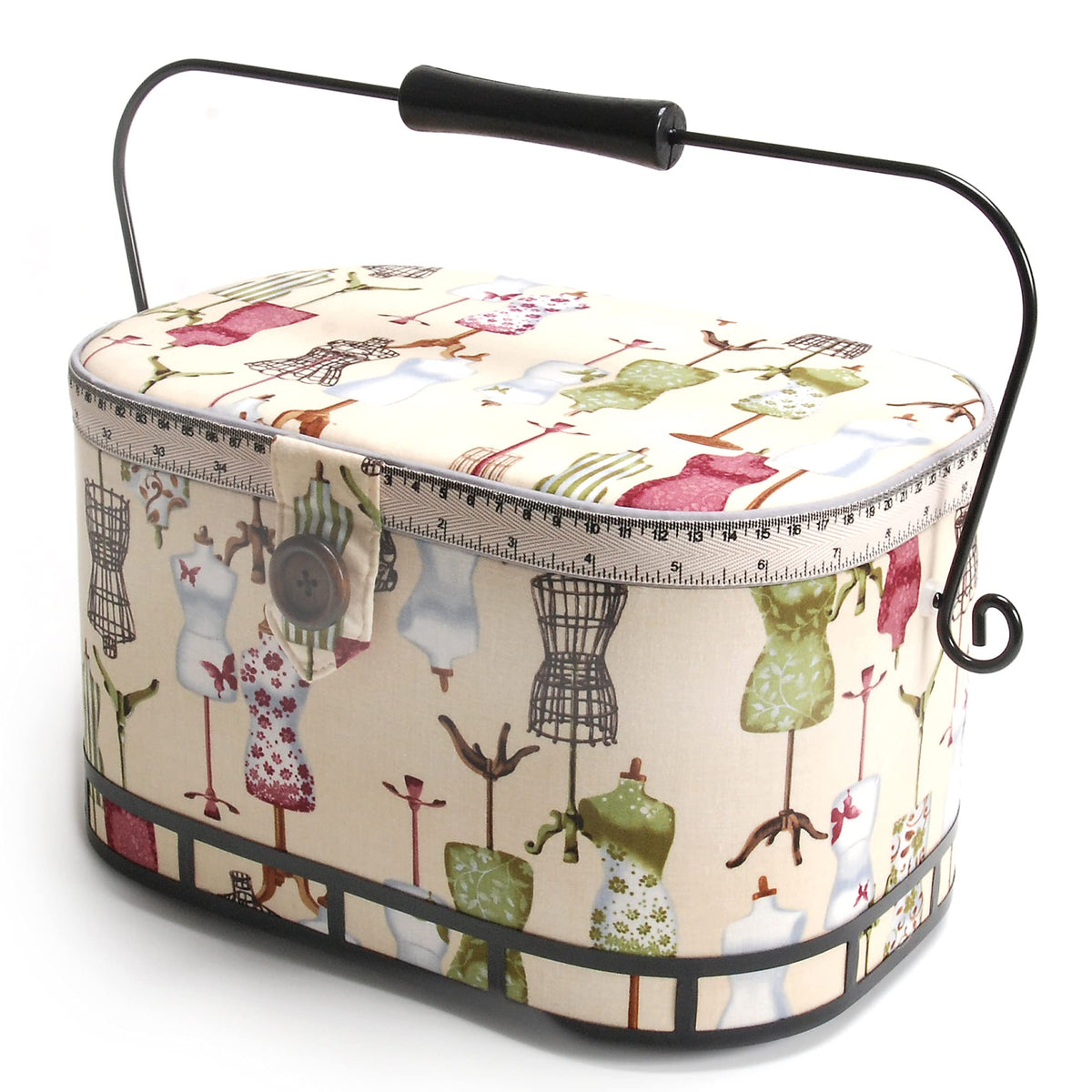 Dritz Large Oval Sewing Basket with Metal Handle, Vintage Dress Form Print