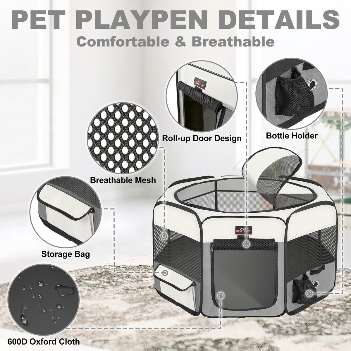 Aivituvin Dog Playpen Foldable Waterproof Pet Play Pens for Cat, Puppies, Rabbits, Chickens, Durable Portable Pet Tent for Travel Camping Indoor/Outdoor Grey XL