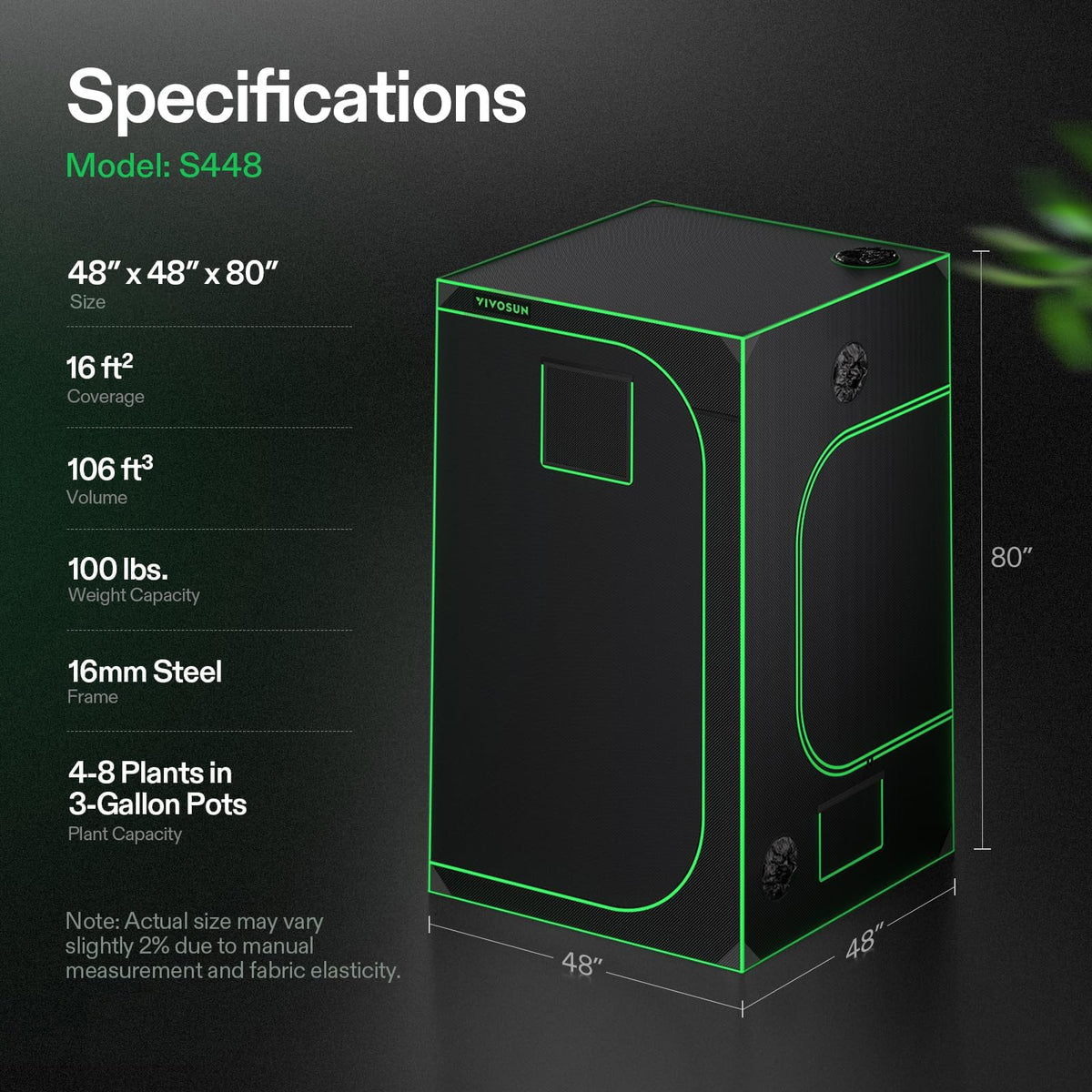 VIVOSUN S448 4x4 Grow Tent, 48"x48"x80" High Reflective Mylar Grow Tents with Observation Window and Floor Tray for Indoor Plant Growing Tents for Lumalight/Aerolight