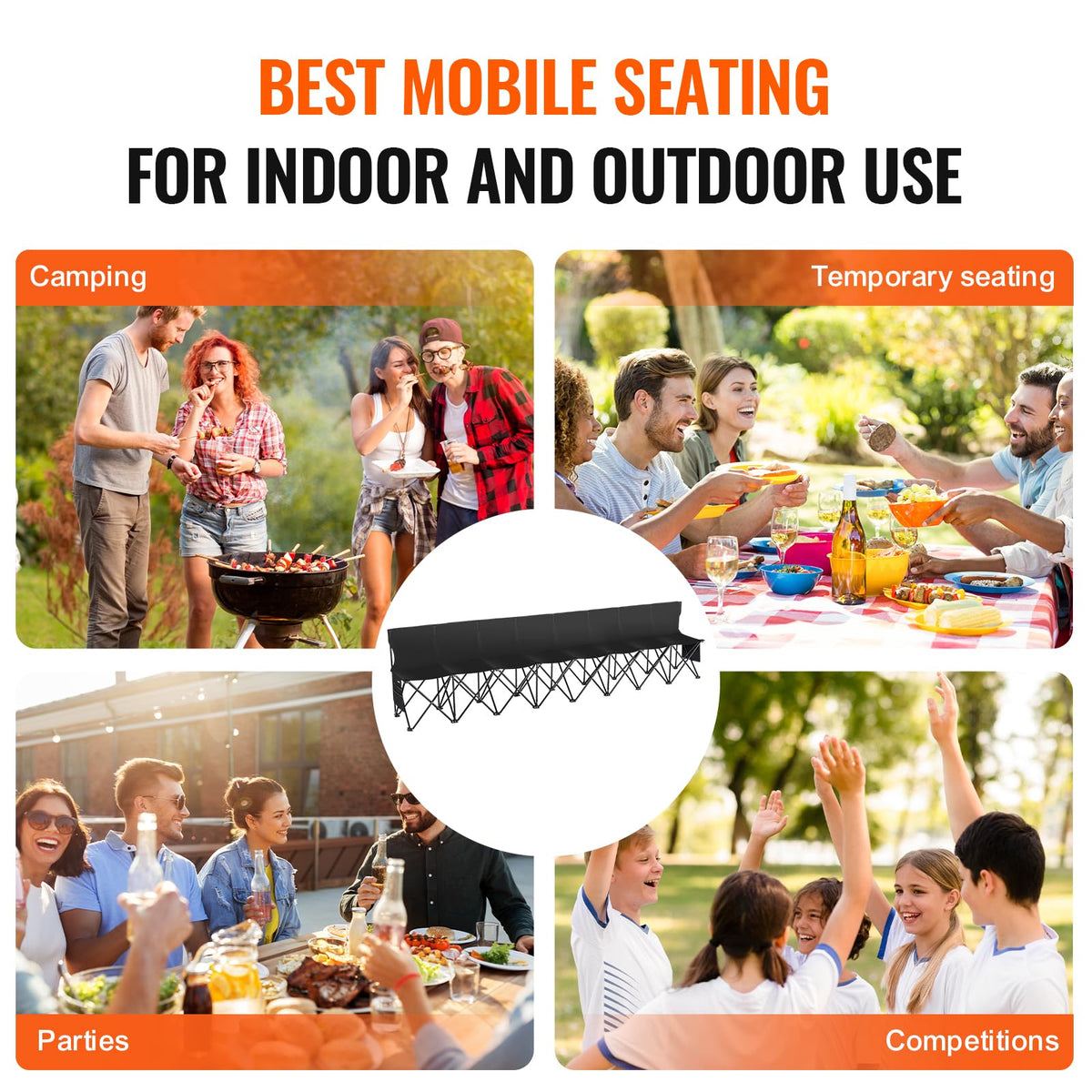 VEVOR Portable Folding Bench, 8 Seats Foldable Sideline Bench, Outdoor Camping Bench Chair with Carry Bag & Backrest, Team Sport Sideline Bench for Football Fishing, No Assembly Instant Seating, Black