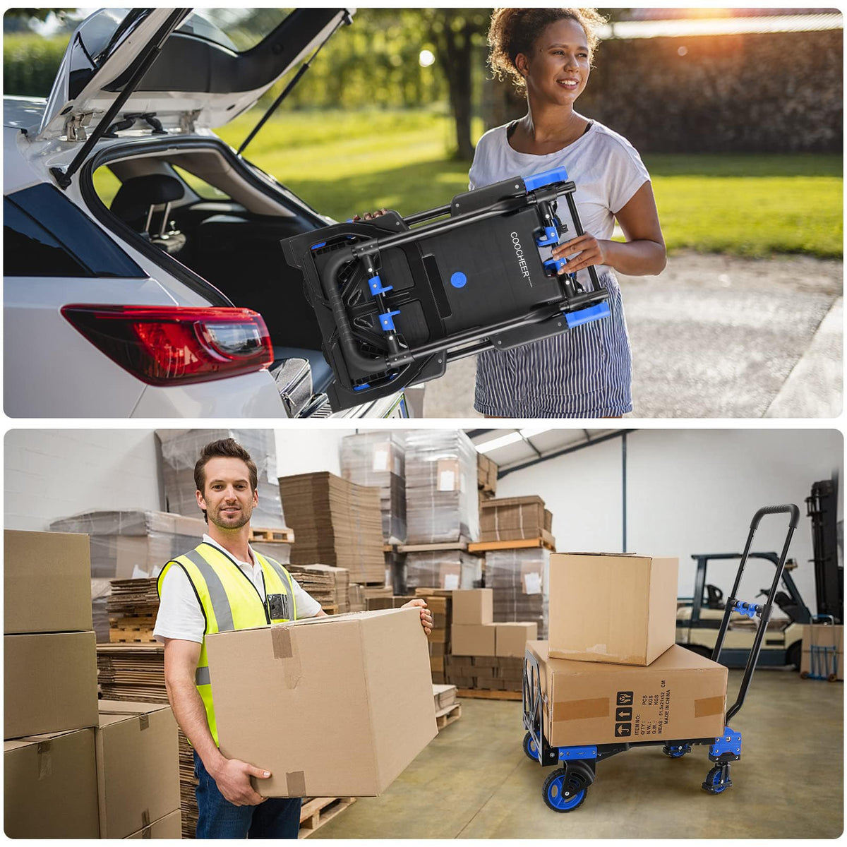 2-in-1 Folding Hand Truck Dolly 330LB Load Carrying, Hand Truck Foldable Dolly with Retractable Handle and 4 Rubber Wheels, Portable Folding Hand Cart for Moving/Travel/Office(Blue)