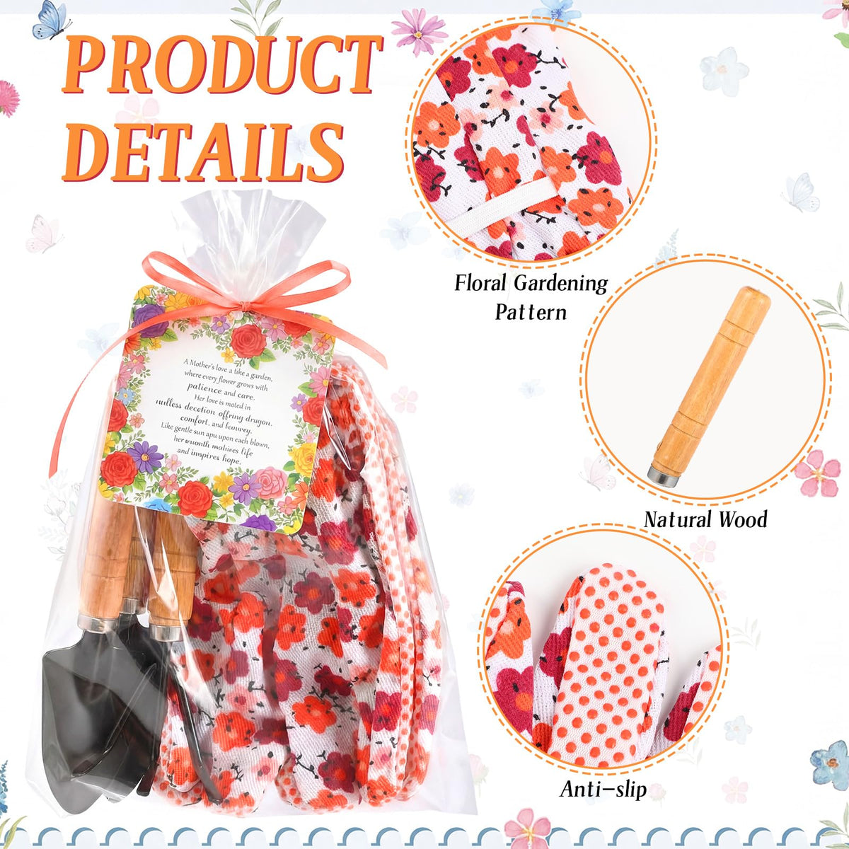 Cuffbow 3 Set Mother's Day Gardening Gifts Floral Gardening Gloves, Garden Shovel, Mini Garden Tools with Mother's Day Cards and Bags for Mom Grandma Birthday Gift (Classic)