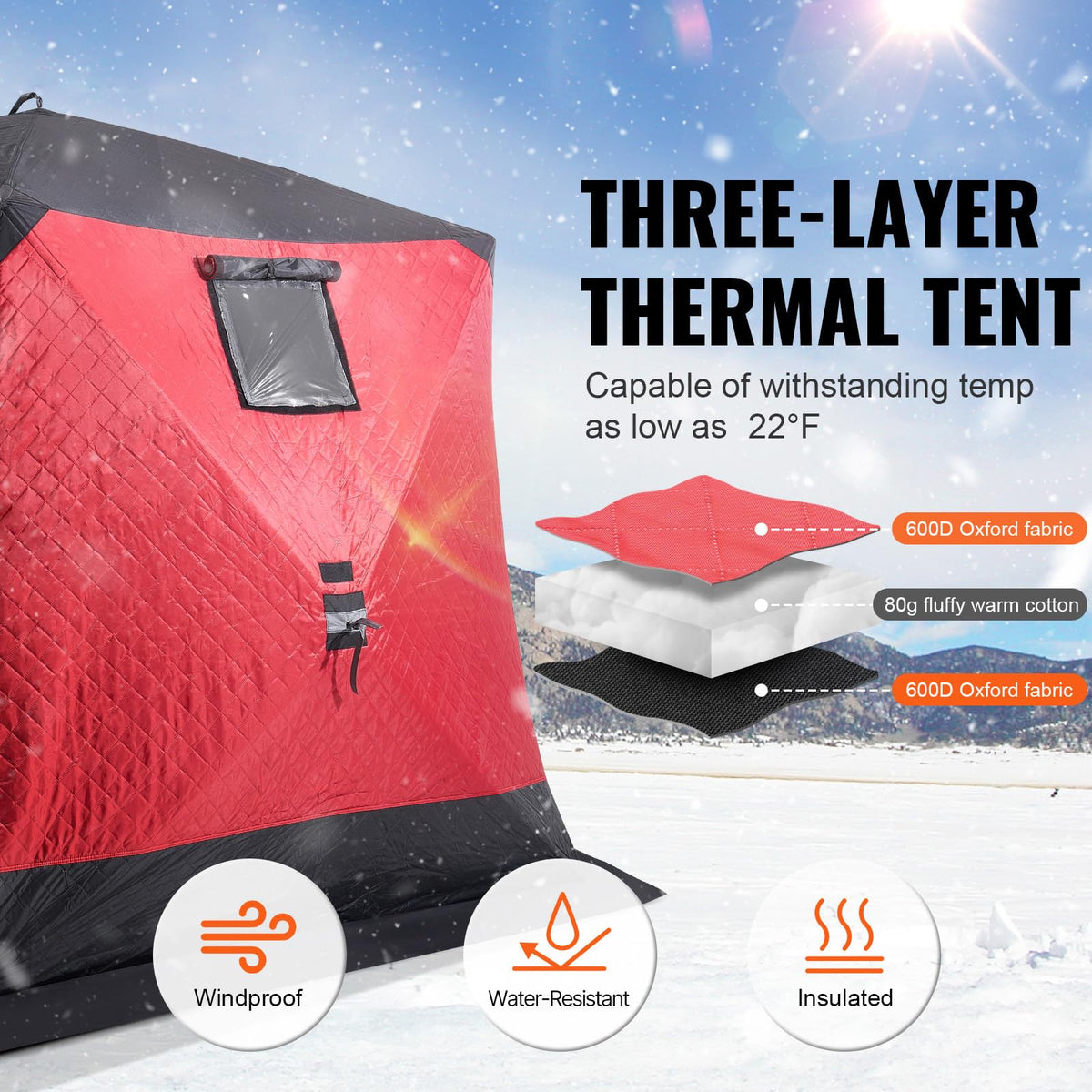 VEVOR Pop Up Ice Fishing Tent, 4-6 Person Large Insulated Shelter, 87x79x78 50sq ft Fishing Area, Portable Hub-Style Shanty for Winter, Ice Cube with Anchors, Ropes, Carrying Bag