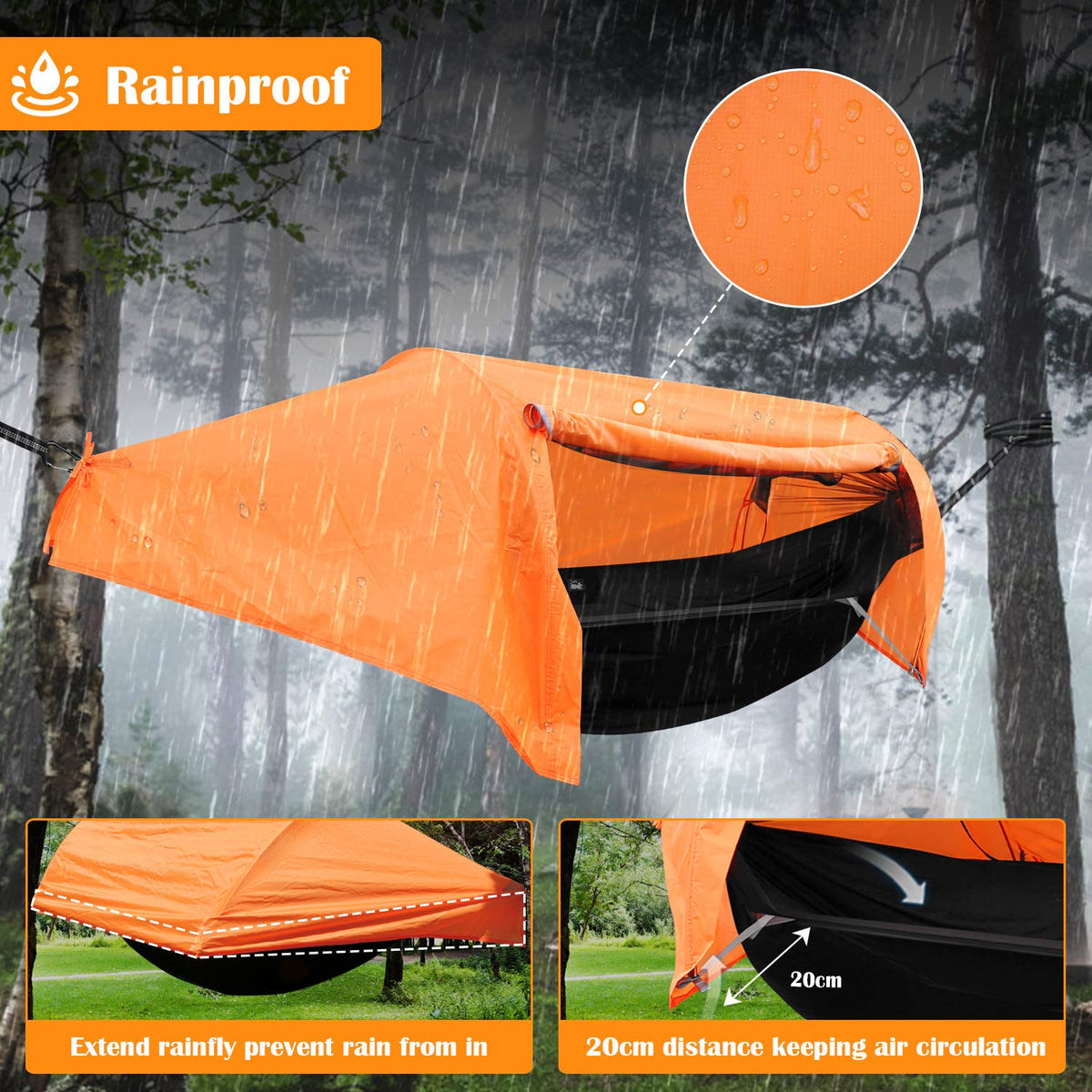 Patent Camping Hammock with Mosquito Net and Rainfly Cover, orange/grey