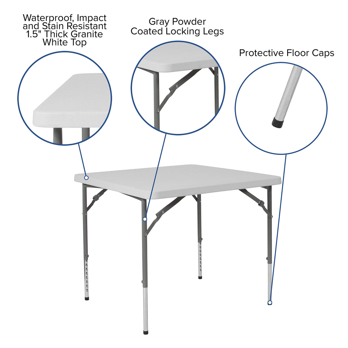 Flash Furniture Kathryn 2.79-Foot Square Height Adjustable Granite White Plastic Folding Table