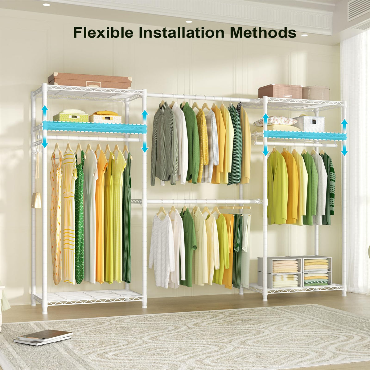 Ulif E1 Heavy Duty Closet Garment Rack, 6 Tiers Adjustable Metal Freestanding Expandable Clothing Storage with 4 Hanger Rods, Easy to Assemble Wardrobe, 71.4" H x (70" - 88.2") L x 14" D, White