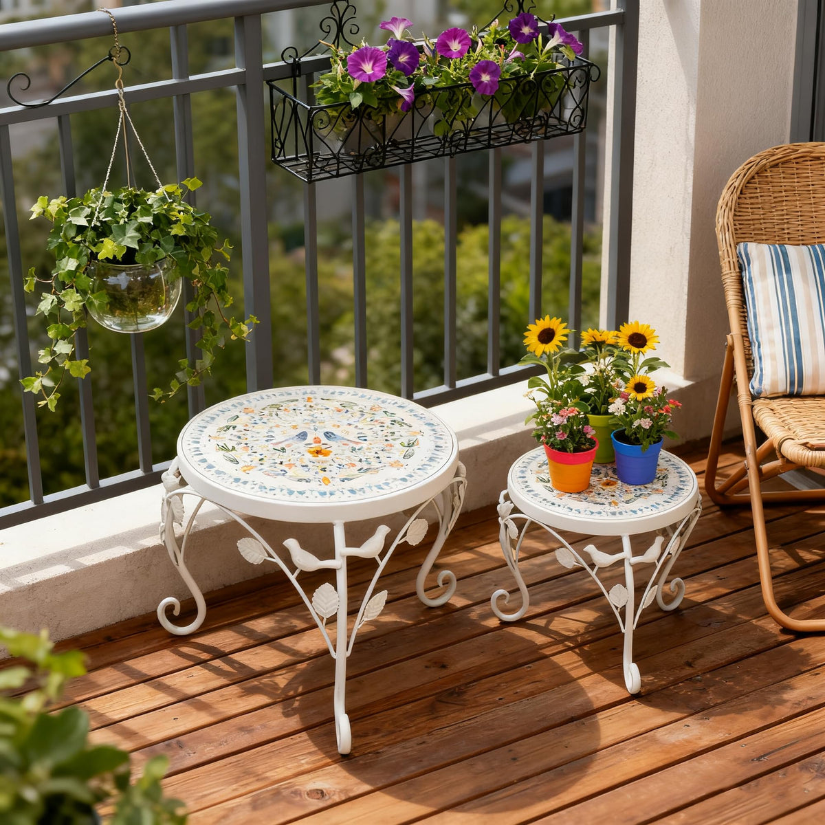 Rustic Metal Plant Stand Set of 2 Indoor & Outdoor Round Ceramic Top Mosaic Planter Pot Stand Low Heavy Duty Flower Holder Rack for Garden Patio Living Room Farmhouse Accessory Decor Gift White Flower Bird
