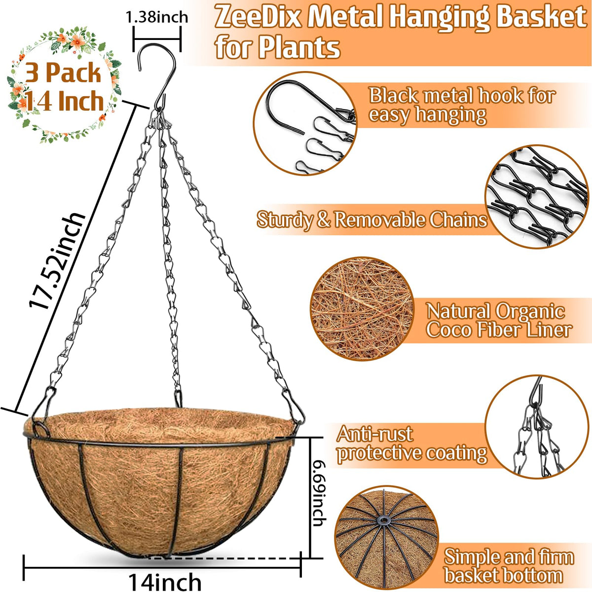 ZeeDix 3 Pack 14 Inch Hanging Baskets for Plants Outdoor Indoor, Metal Hanging Planters Flower Pots with Coco Liners Replacement, Decor Garden Flowers Vegetables Plants