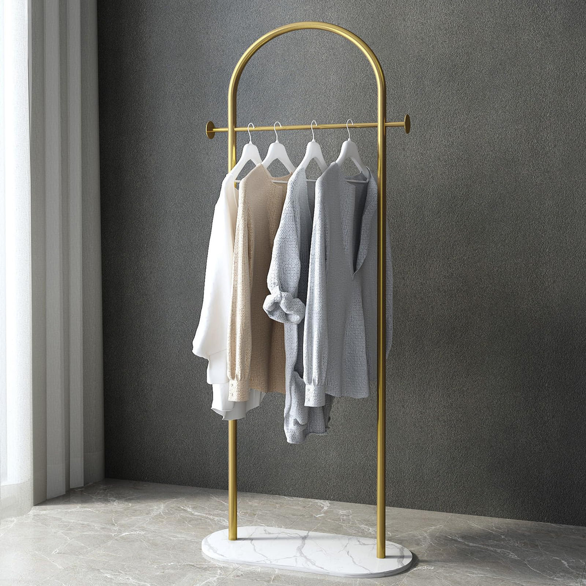 BUZUEY Freestanding Clothing Rack with Marble Base,Modern Gold Arch Garment Rack for Small Spaces,Sturdy Metal Coat Rack,Clothes Racks for Hanging Clothes in Bedroom,Closet,Entryway,Boutique Display