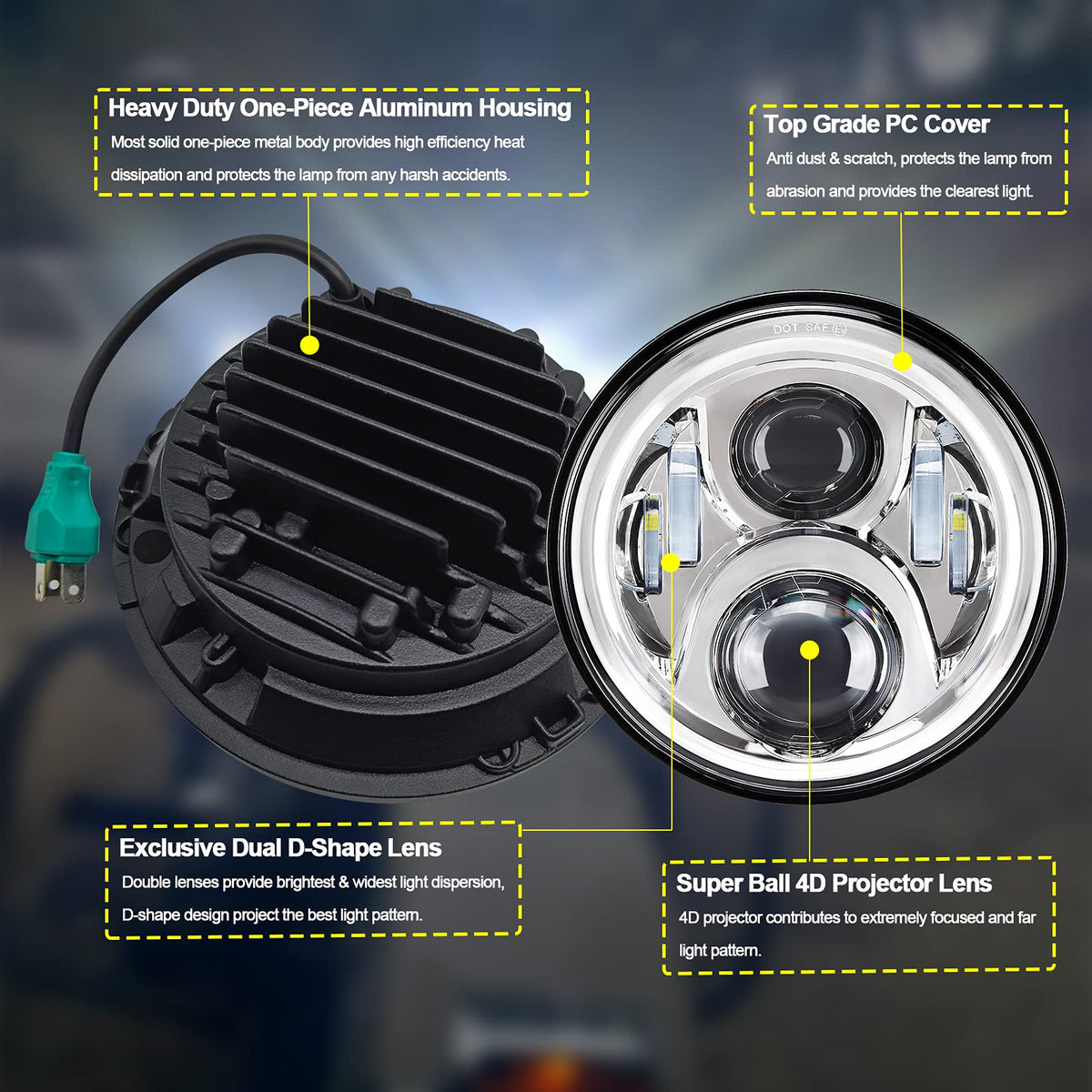 AlyoNed 7 inch Motorcycle LED Headlight 4.5" Fog Passing Lights DOT Kit Compatible with Harley Davidson Fat Boy Street Glide Heritage Softail Road King Switchback Electra Glide Ultra Classic Chrome