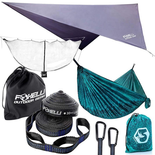 Foxelli Hammock Camping Set – Bundle Includes Camping Hammock, Rain Tarp, XL Tree Straps & Hammock Net