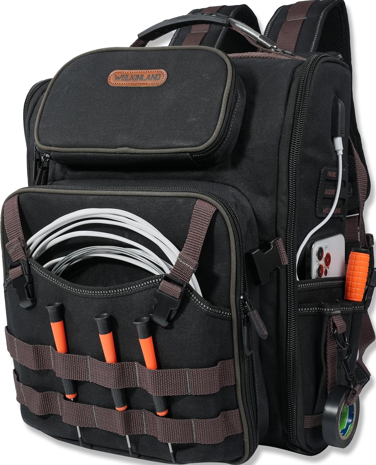 WELKINLAND 46-Pockets Electrician Backpack, Full-Open Tool Backpacks, Heavy Duty Tools Backpack, Waterproof Waxed-Canvas Tool Backpacks, HVAC, Mechanics Tools Bag